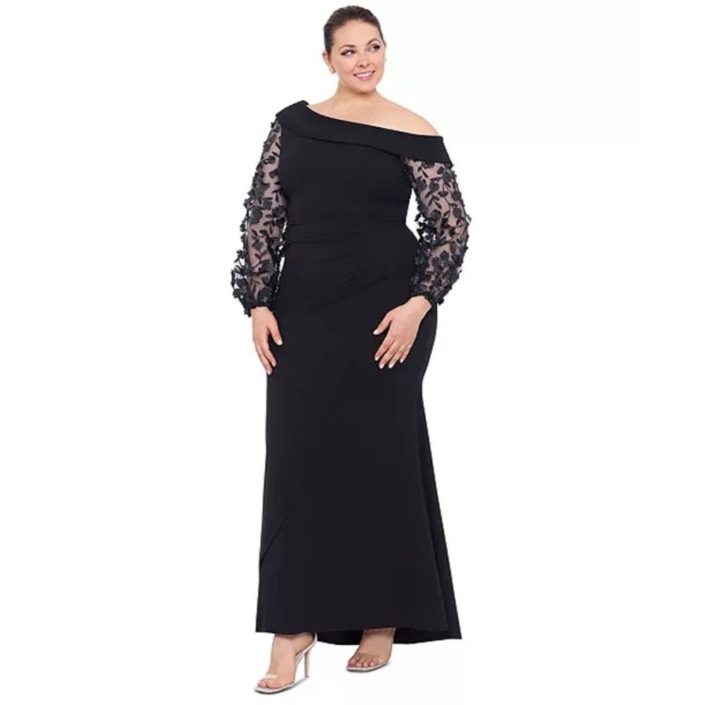 Xscape Black Off-Shoulder Maxi Dress with Sheer sleeves